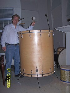 John Sawoski at East West Studios, taking a break to play the world's largest floor tom.
